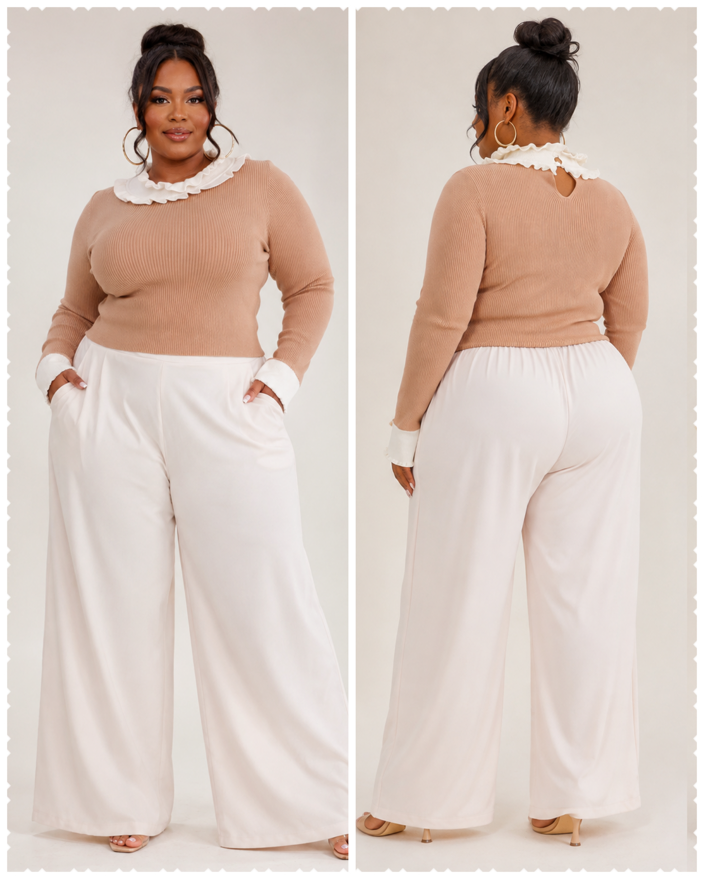 PLUS SIZE CREAM ELASTIC WAIST FRONT POCKETS WIDE LEG PANTS-