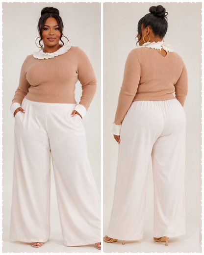 PLUS SIZE CREAM ELASTIC WAIST FRONT POCKETS WIDE LEG PANTS-