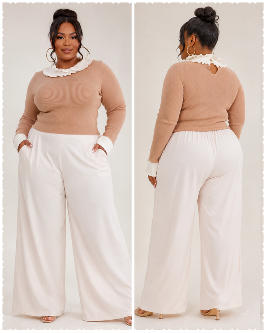 PLUS SIZE CREAM ELASTIC WAIST FRONT POCKETS WIDE LEG PANTS-