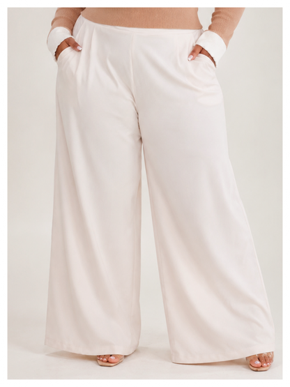 PLUS SIZE CREAM ELASTIC WAIST FRONT POCKETS WIDE LEG PANTS-