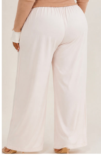 PLUS SIZE CREAM ELASTIC WAIST FRONT POCKETS WIDE LEG PANTS-
