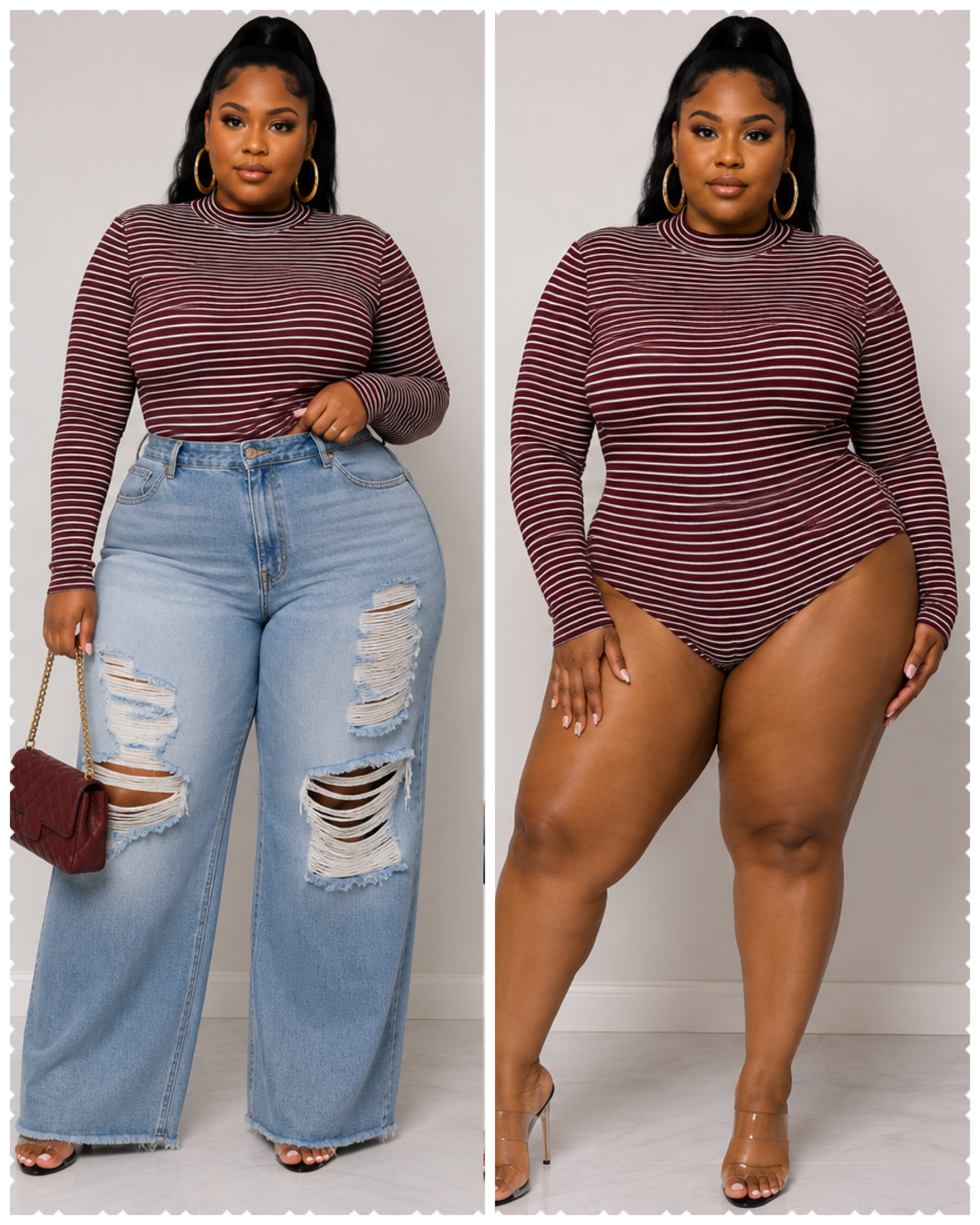 PLUS SIZE NECK NECK STRIPED LONG SLEEVE BODYSUIT-BURGUNDY-18