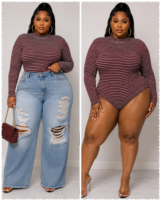 PLUS SIZE NECK NECK STRIPED LONG SLEEVE BODYSUIT-BURGUNDY-18