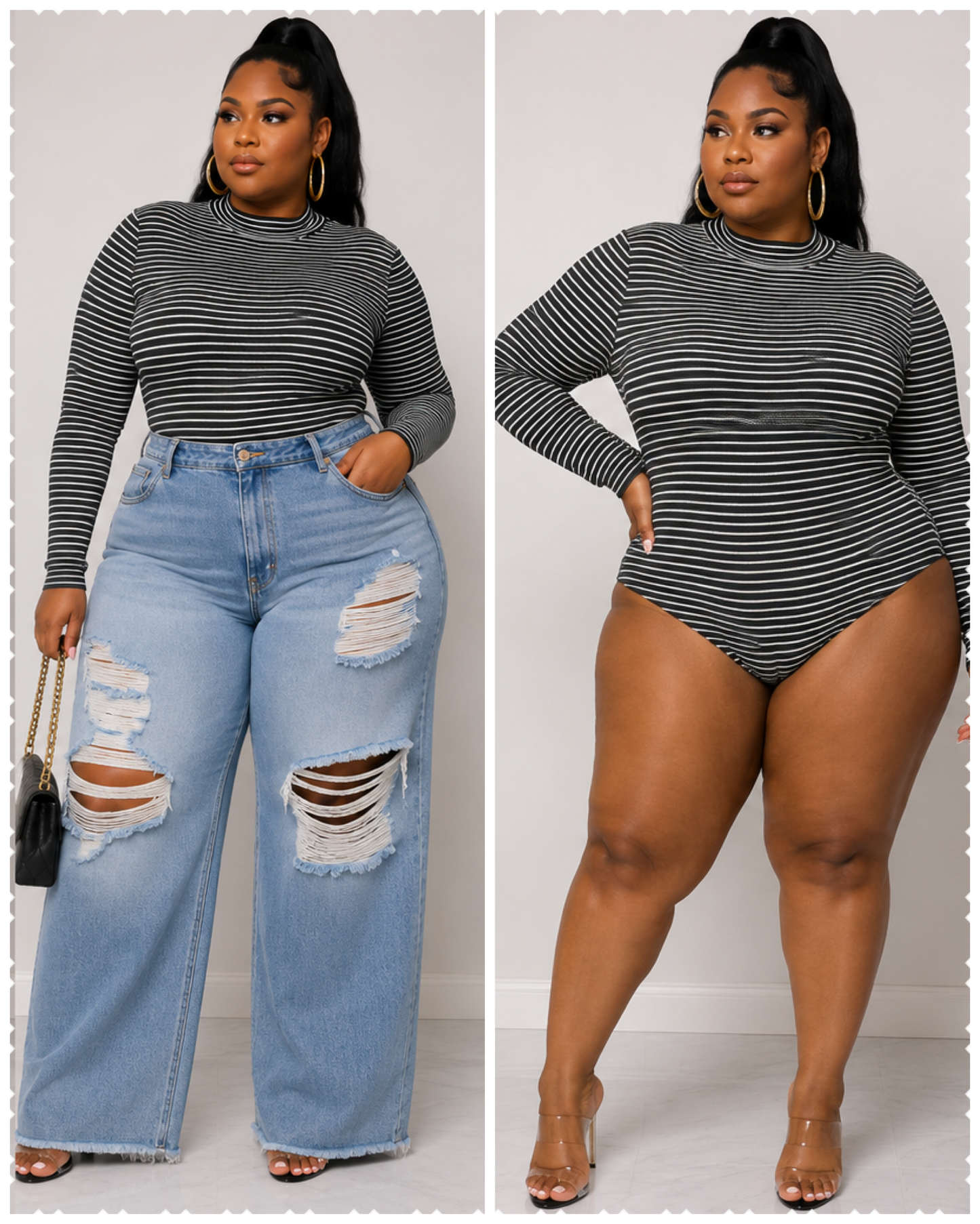 PLUS SIZE NECK NECK STRIPED LONG SLEEVE BODYSUIT-BLACK-18