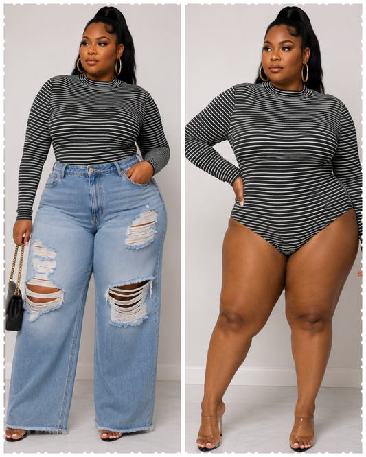 PLUS SIZE NECK NECK STRIPED LONG SLEEVE BODYSUIT-BLACK-18