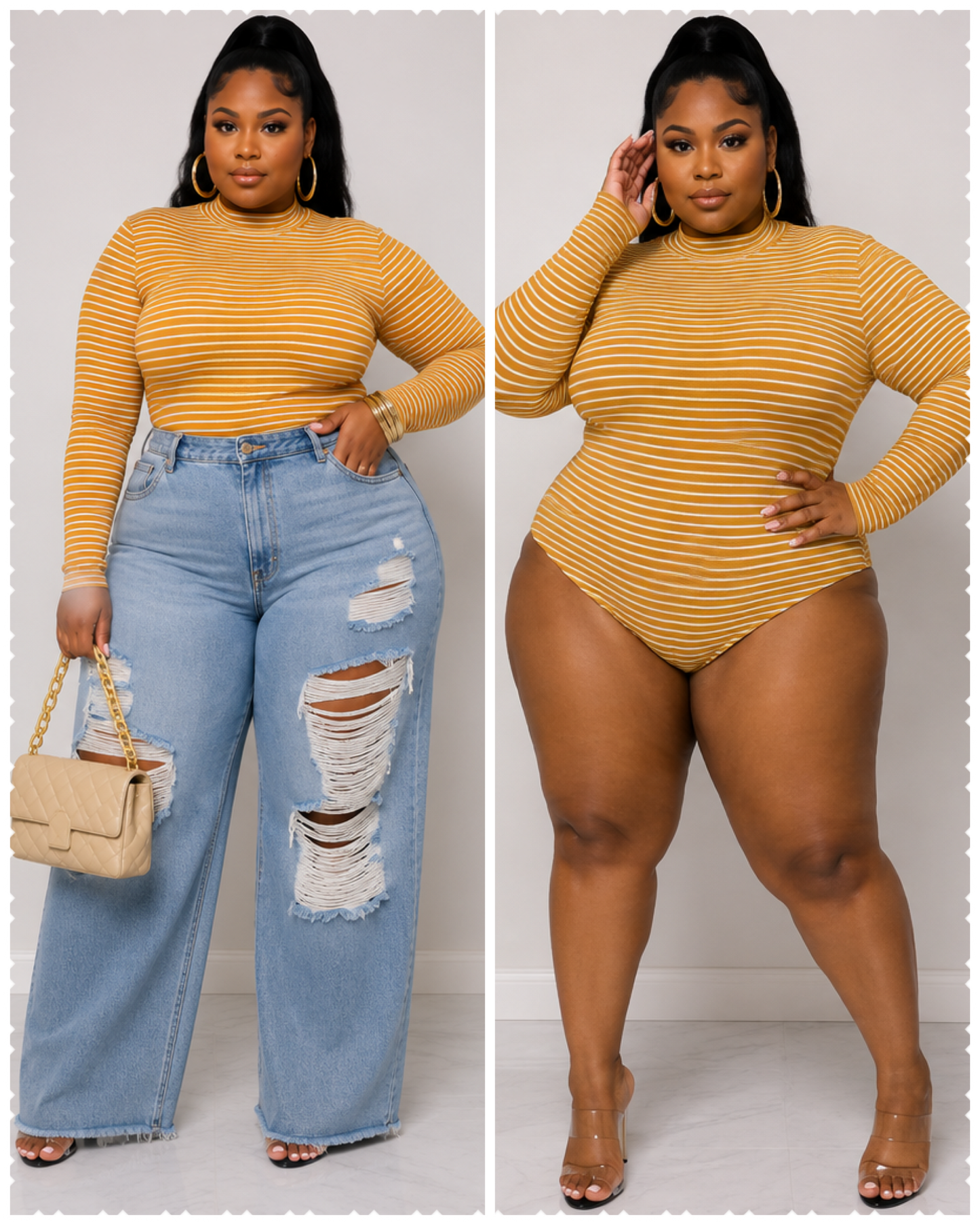 PLUS SIZE NECK NECK STRIPED LONG SLEEVE BODYSUIT-MUSTARD-18