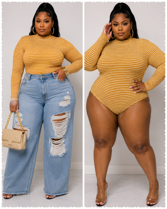 PLUS SIZE NECK NECK STRIPED LONG SLEEVE BODYSUIT-MUSTARD-18
