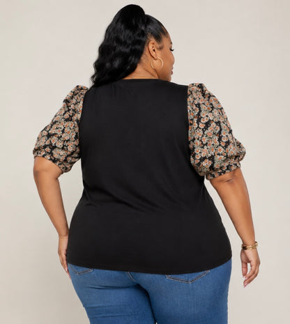 PLUS SIZE BLACK PUFF FLORAL SLEEVE BLOUSE
