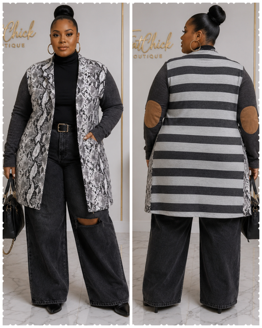 PLUS SIZE LONG SLEEVE OPEN FRONT POCKETS ANIMAL PRINT STRIPES CARDIGAN