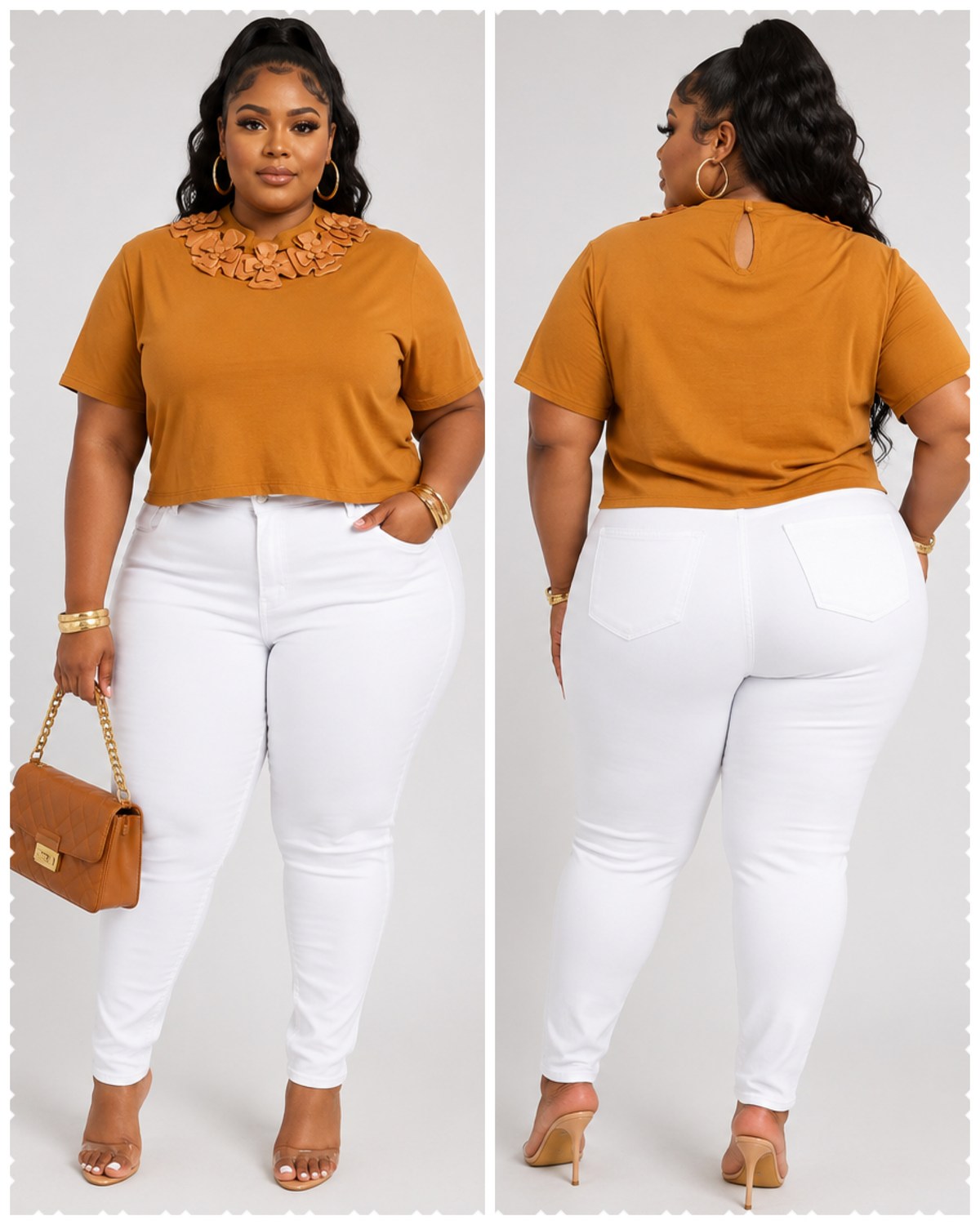 PLUS SIZE SHORT SLEEVE FLOWER NECK DETAILED BLOUSE-CAMEL-53