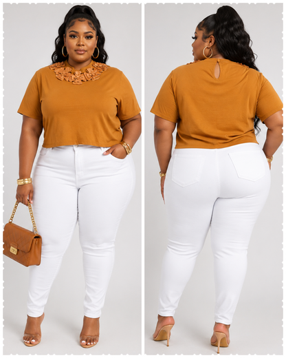 PLUS SIZE SHORT SLEEVE FLOWER NECK DETAILED BLOUSE-CAMEL-53