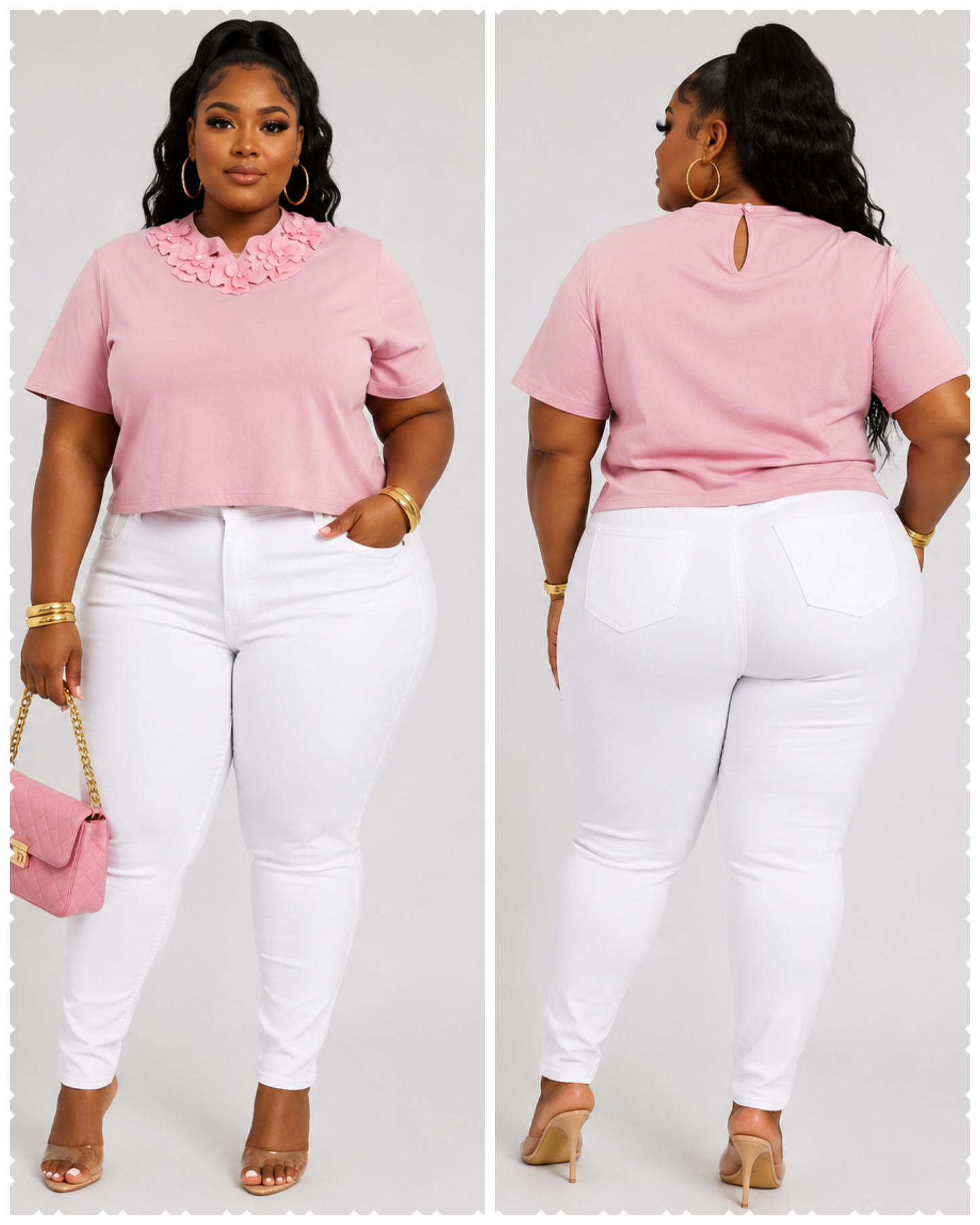 PLUS SIZE SHORT SLEEVE FLOWER NECK DETAILED BLOUSE-PINK-53