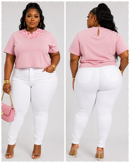 PLUS SIZE SHORT SLEEVE FLOWER NECK DETAILED BLOUSE-PINK-53