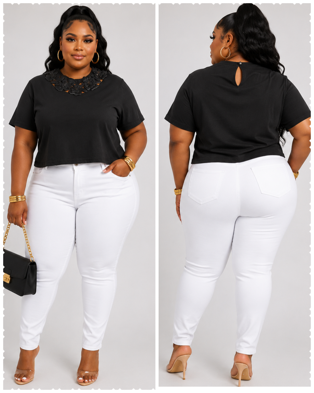 PLUS SIZE SHORT SLEEVE FLOWER NECK DETAILED BLOUSE-BLACK-53