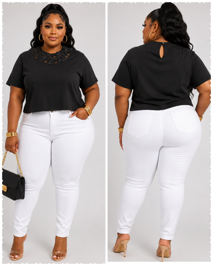 PLUS SIZE SHORT SLEEVE FLOWER NECK DETAILED BLOUSE-BLACK-53
