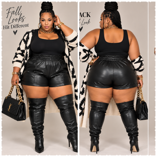 PLUS SIZE FAUX LEATHER SHORTS-BLACK-18