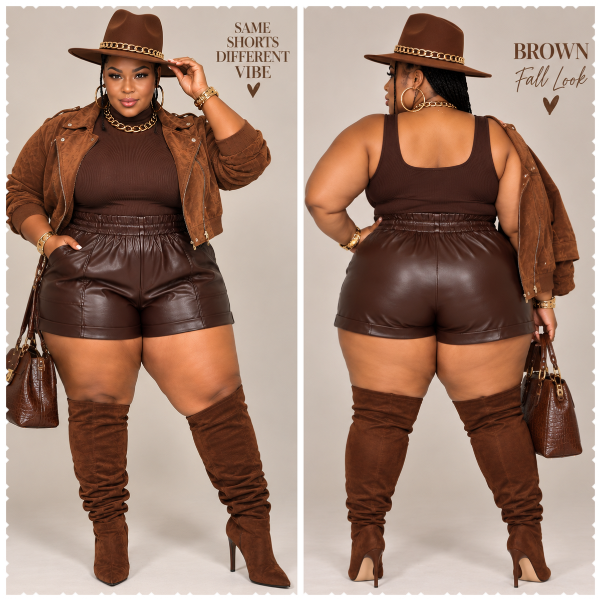 PLUS SIZE FAUX LEATHER SHORTS-BROWN