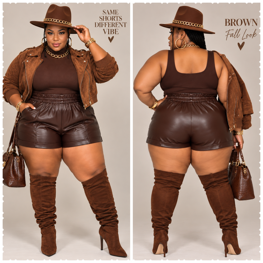 PLUS SIZE FAUX LEATHER SHORTS-BROWN-24