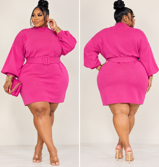 PLUS SIZE LONG SLEEVE BELTED SWEATER DRESS-36