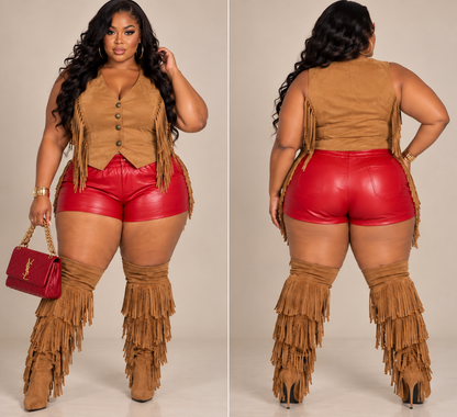 PLUS SIZE "SADDLE UP" FAUX SUEDE FRINGE VEST(NO STRETCH)-61