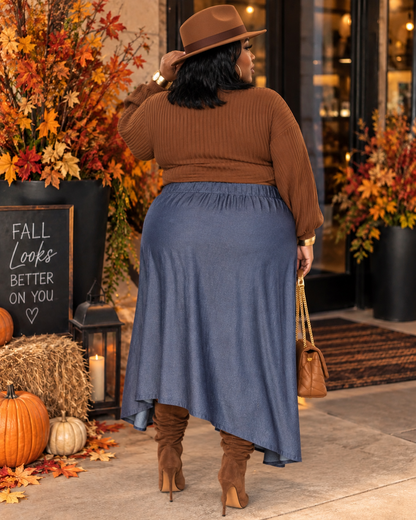 PLUS SIZE WATERFALL DENIM SKIRT (NON STRETCH)