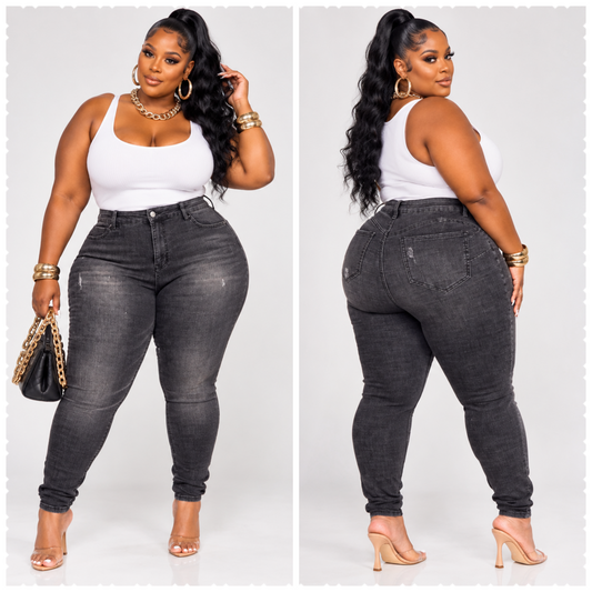 PLUS SIZE BLACK ACID WASHED BODY HIGHWAIST JEANS-28