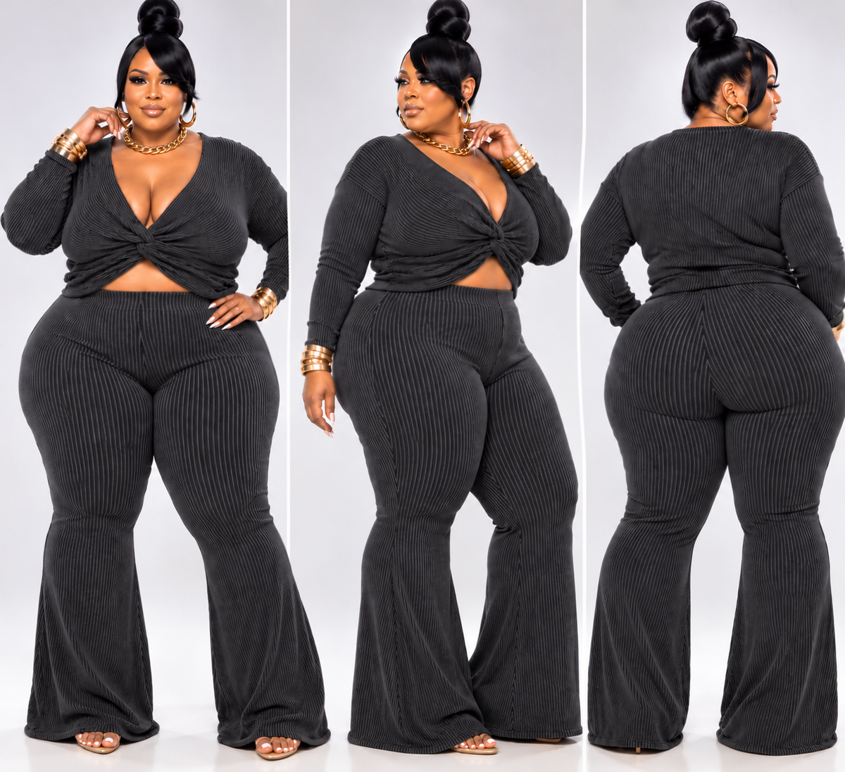 Plus SIZE 2-PIECE RIBBED KNOTTED FRONT TOP SET-BLACK