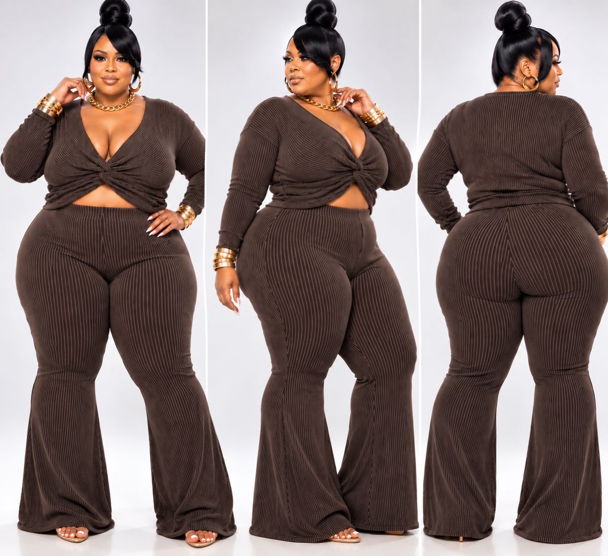 Plus SIZE 2-PIECE RIBBED KNOTTED FRONT TOP SET-BROWN