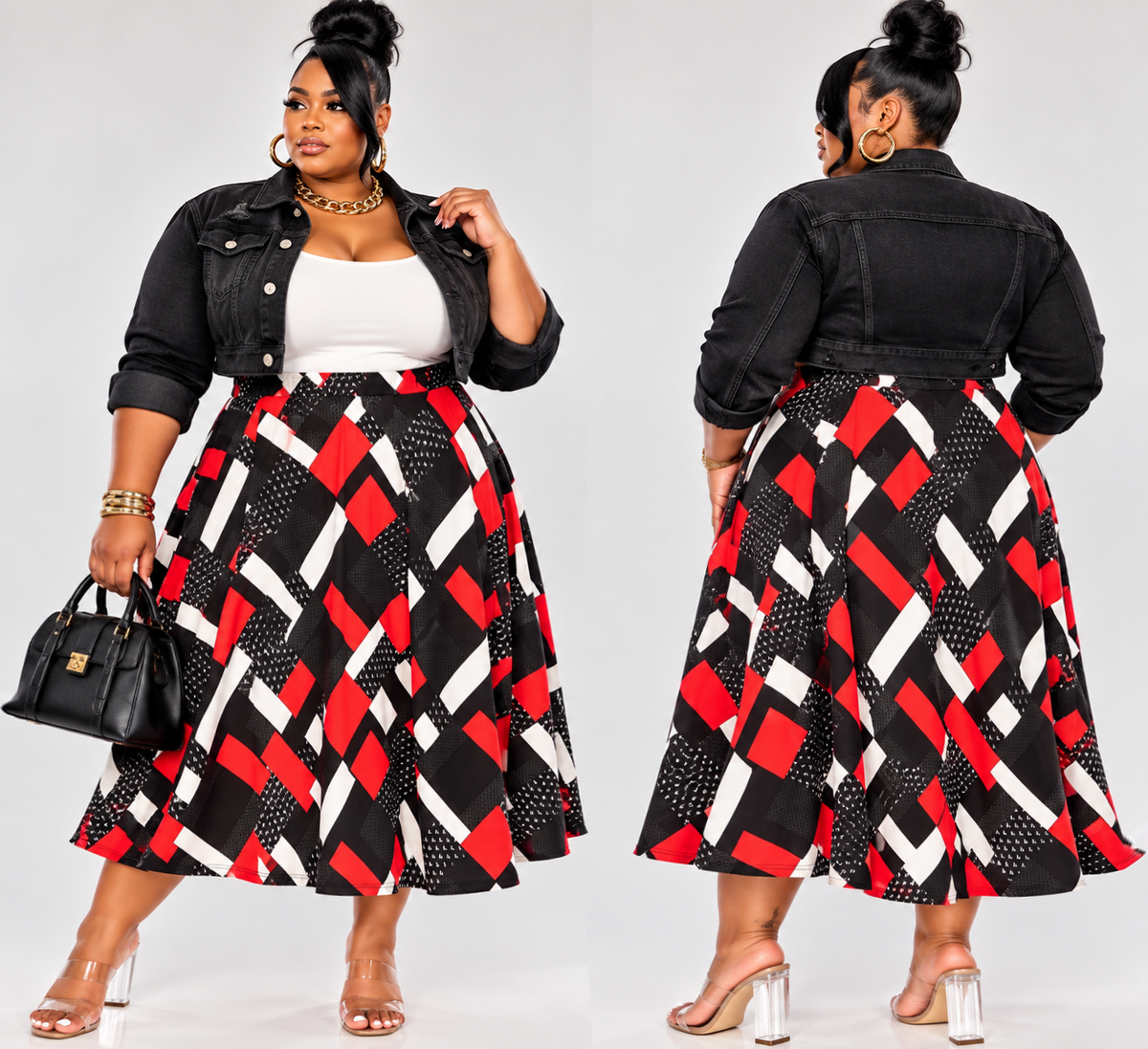 PLUS SIZE "RICH AUNTIE" FLARE SKIRTS-RED ABSTRACT