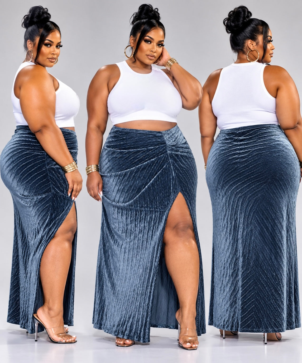 PLUS SIZE 'VELVET AFTER DARK" SLIT SIDE MAXI SKIRT-ICE BLUE-16