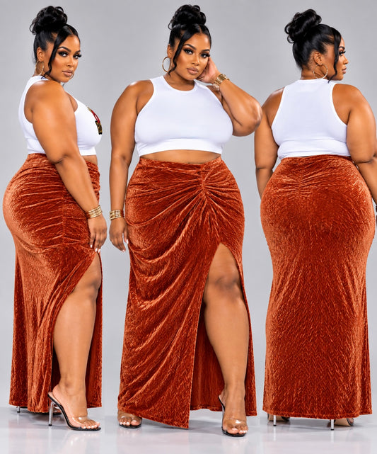 PLUS SIZE 'VELVET AFTER DARK" SLIT SIDE MAXI SKIRT-LIGHT RUST-15