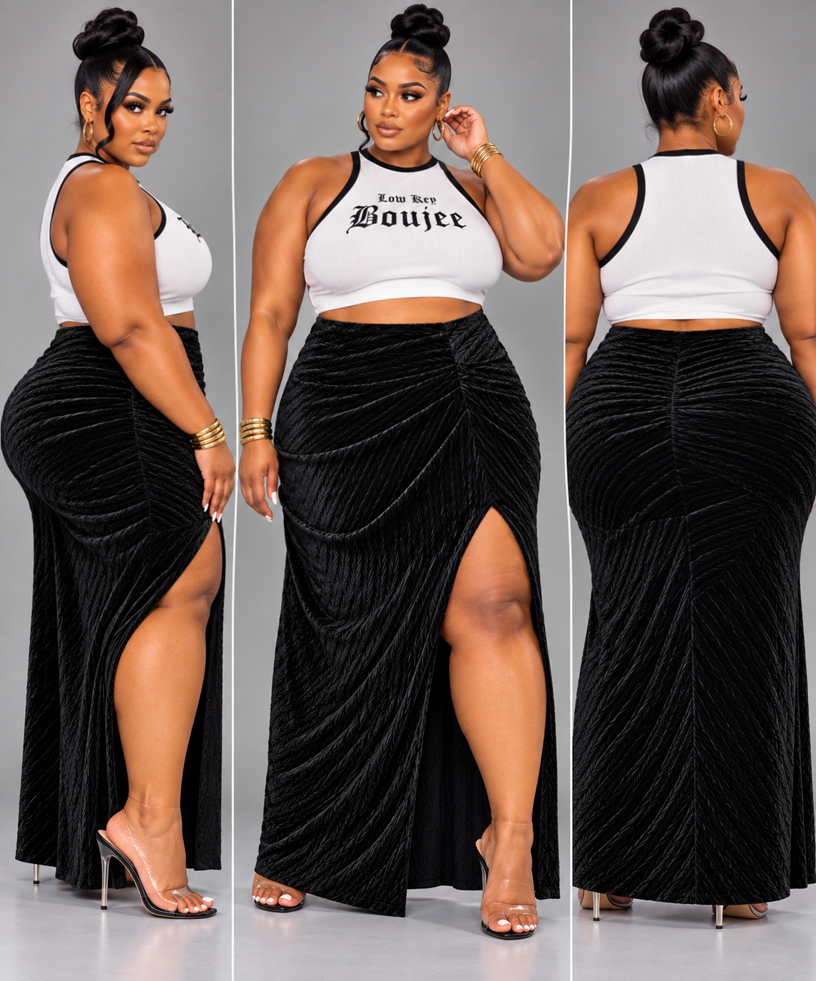 PLUS SIZE 'VELVET AFTER DARK" SLIT SIDE MAXI SKIRT-BLACK-15