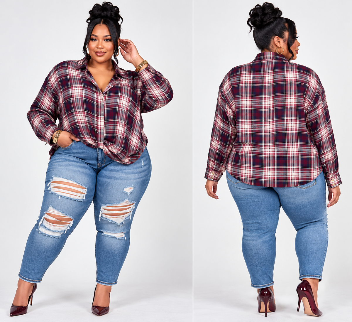 PLUS SIZE Plaid Print Draped Button Down Top-BURGUNDY MIX-50