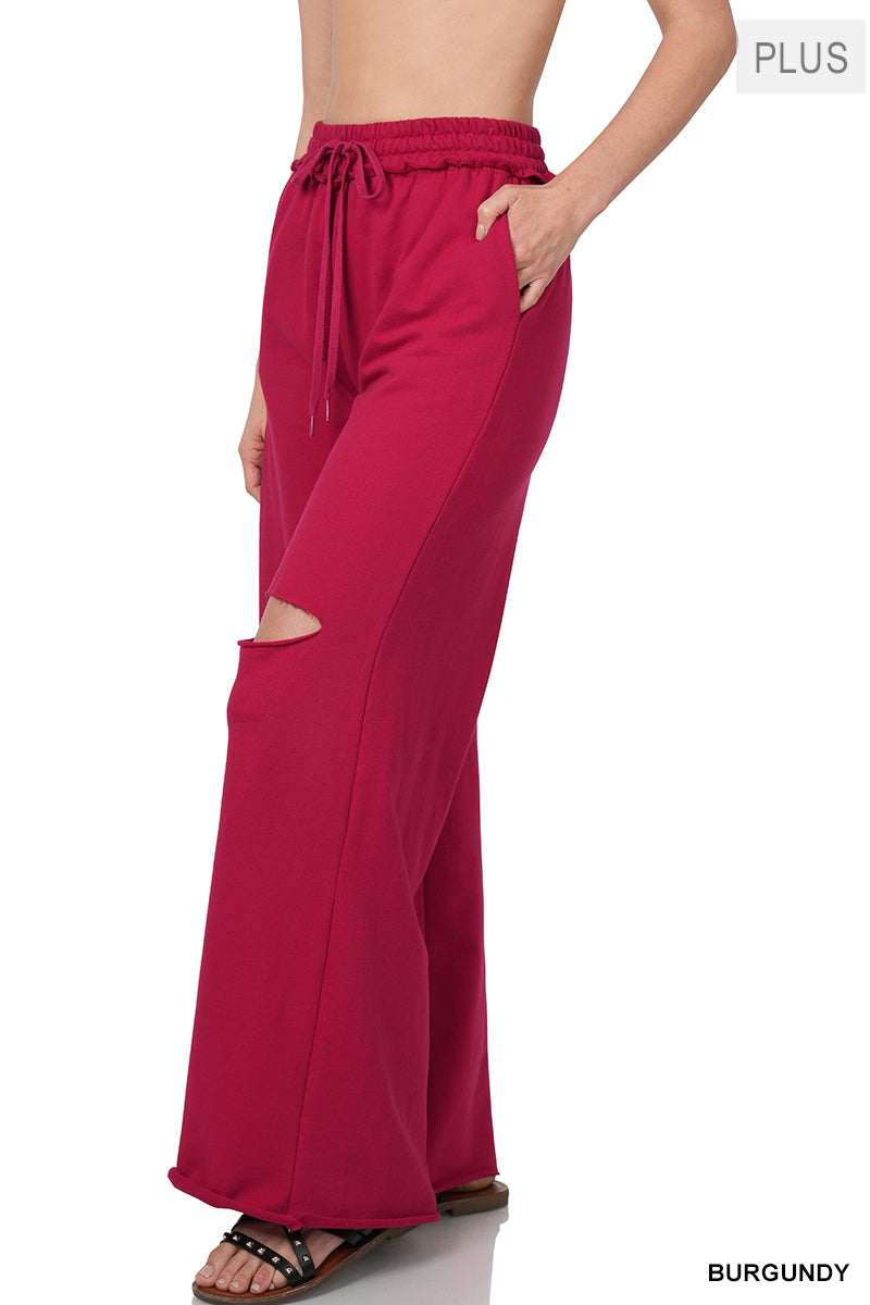 PLUS SIZE WIDE LEG SLICED KNEE -POCKET PANTS