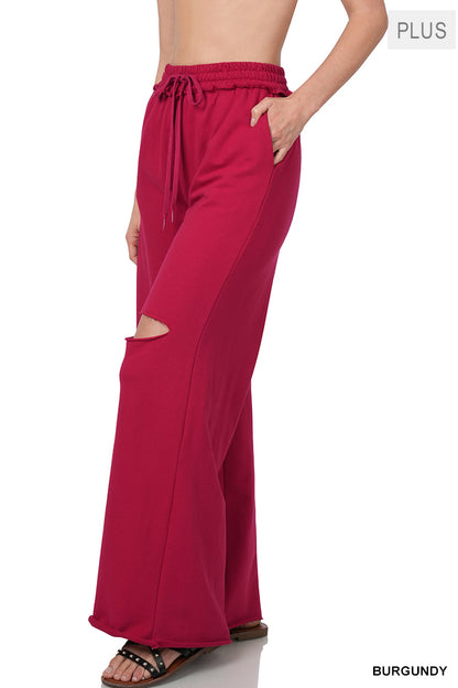 PLUS SIZE WIDE LEG SLICED KNEE -POCKET PANTS