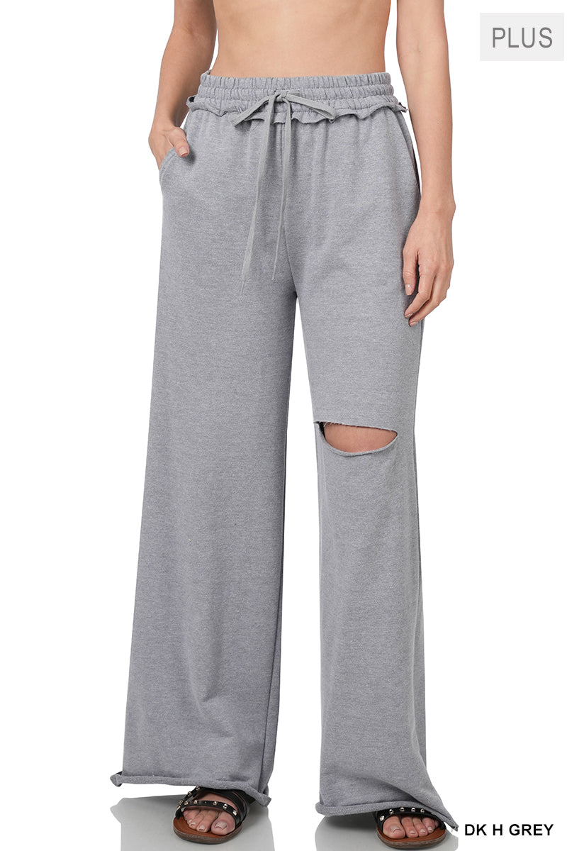 PLUS SIZE WIDE LEG SLICED KNEE -POCKET PANTS