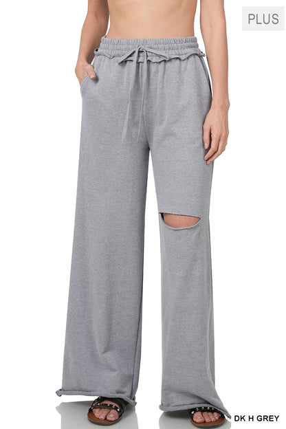 PLUS SIZE WIDE LEG SLICED KNEE -POCKET PANTS