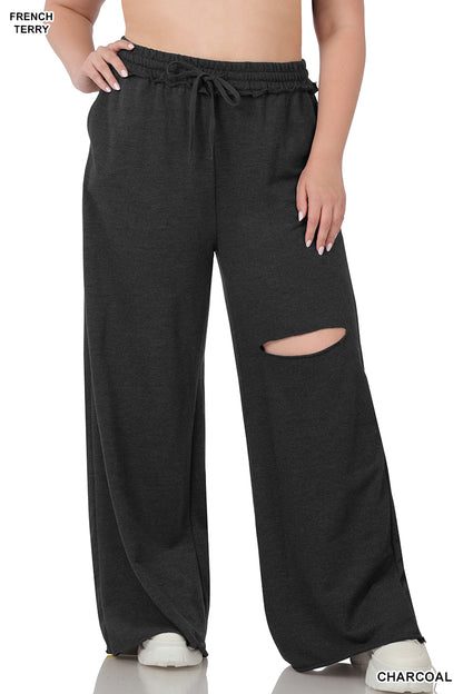 PLUS SIZE WIDE LEG SLICED KNEE -POCKET PANTS