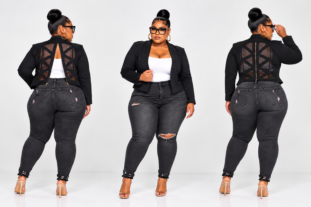 PLUS SIZE "FITTED" OPEN FRONT JACKET W/MESH ZIPPER BACK-66