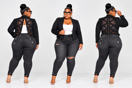 PLUS SIZE "FITTED" OPEN FRONT JACKET W/MESH ZIPPER BACK-66