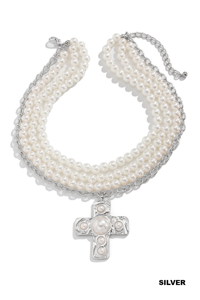 Hammered cross multi wrap pearl necklace