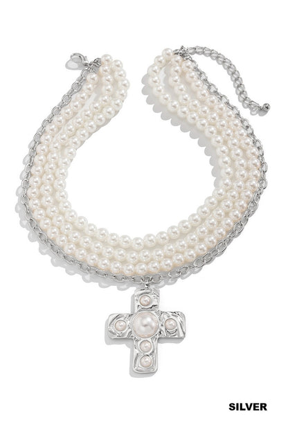 Hammered cross multi wrap pearl necklace