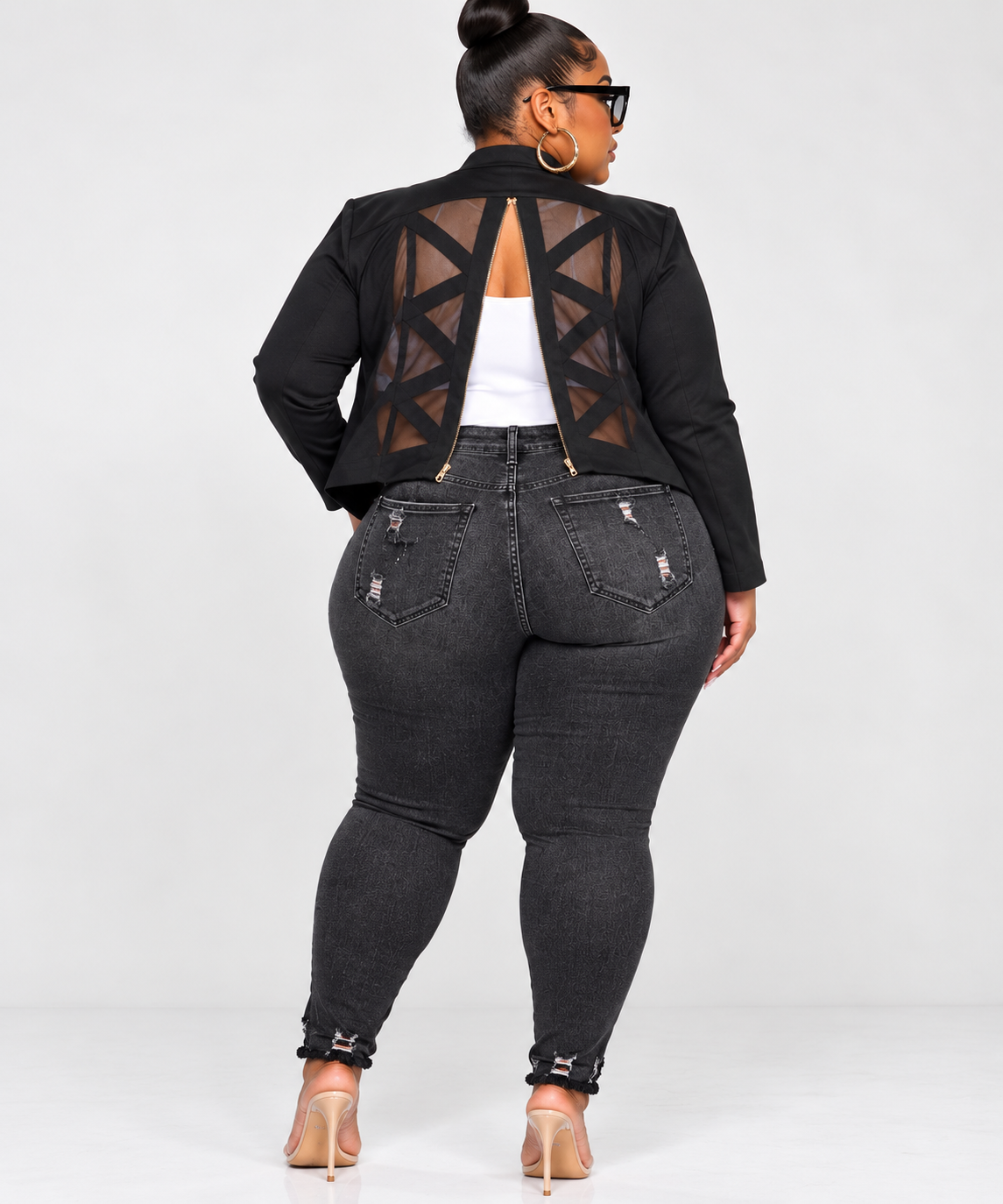 PLUS SIZE "FITTED" OPEN FRONT JACKET W/MESH ZIPPER BACK-66