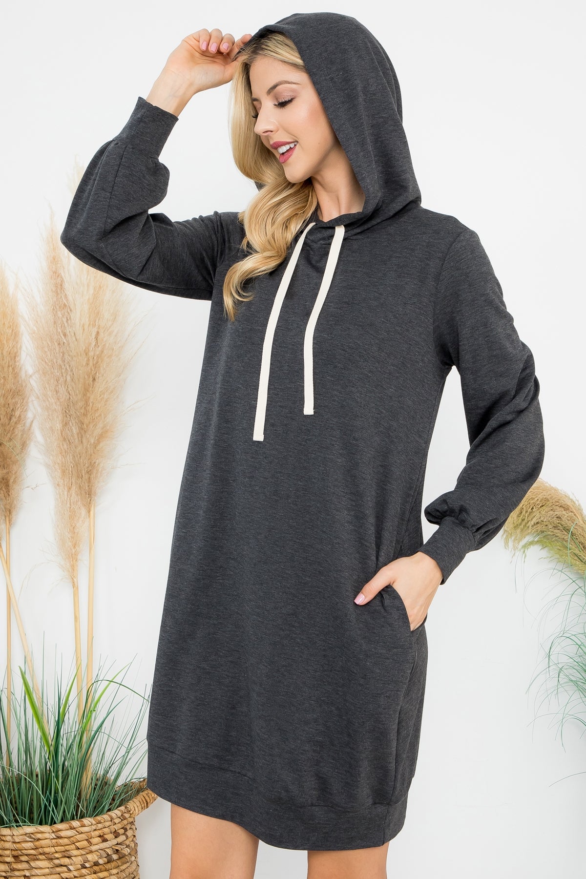 PLUS SIZE FRENCH TERRY LONG SLEEVE HOODIE DRESS