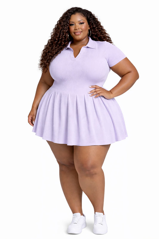 PLUS SIZE Rib Jersey Pleated Mini Dress-LAVENDAR-63