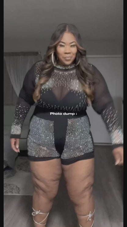 PLUS SIZE LONG SLEEVE MESH STUDS DETAILED ROMPER
