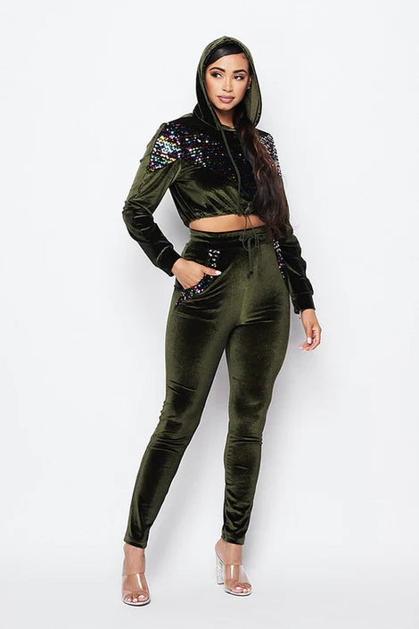 OLIVE VELVET W/MULTI COLORED SEQUIN 2-PIECE SET (R16-0)
